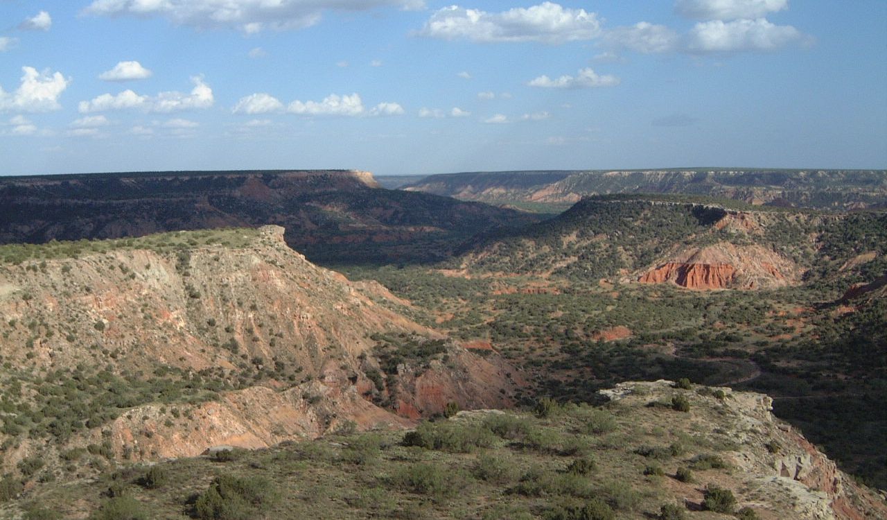 Palo Duro Canyon landscape in Texas with red rock formations and desert vegetation
