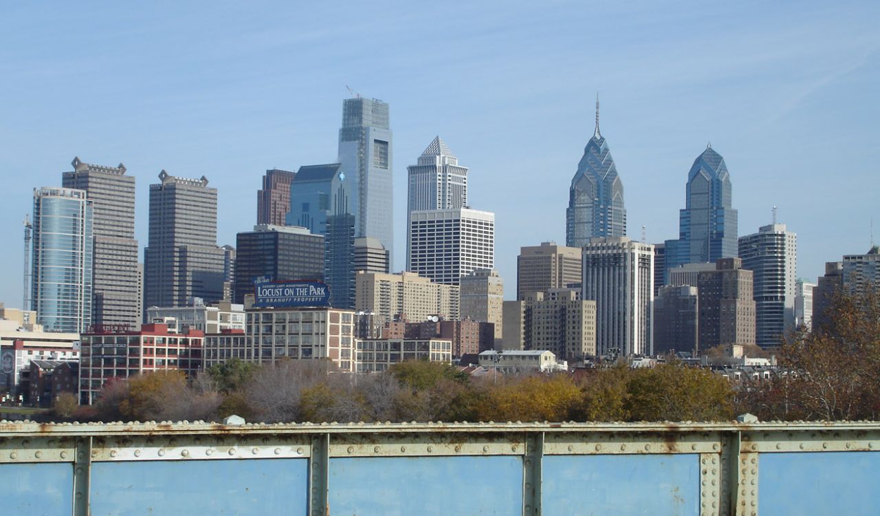 Skyline of Philadelphia, Pennsylvania featuring iconic skyscrapers under a clear blue sky