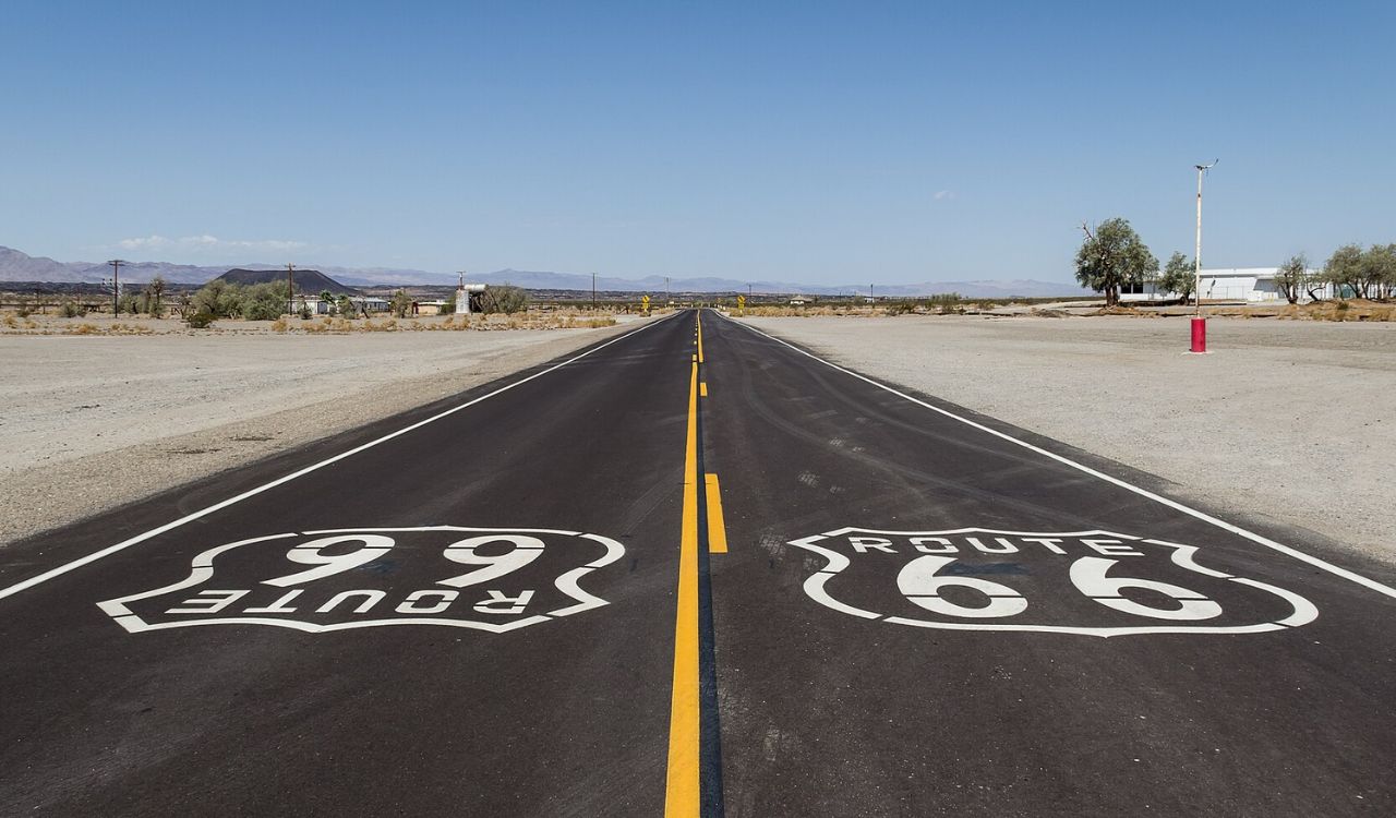 Iconic Route 66 highway stretching through the desert