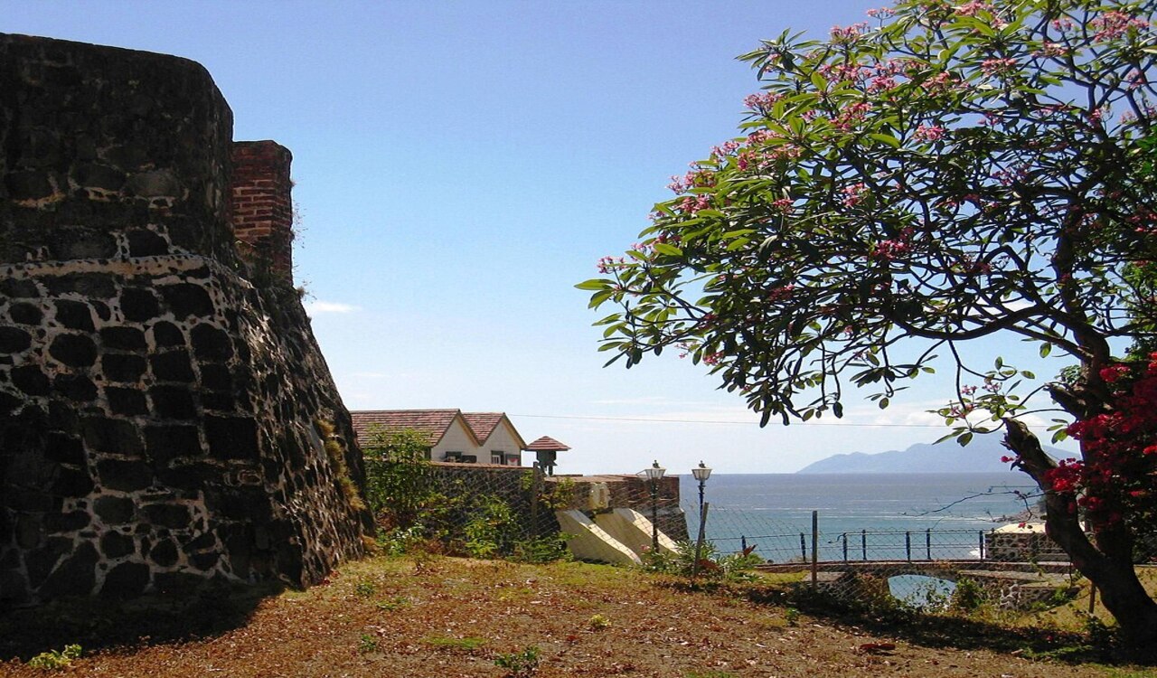 17th-century Fort Oranje, with the island of Saba visible in the distance