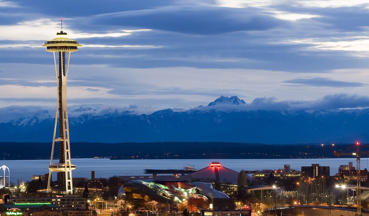 Seattle skyline at dusk, a top U.S. city known for fresh seafood and diverse local cuisine