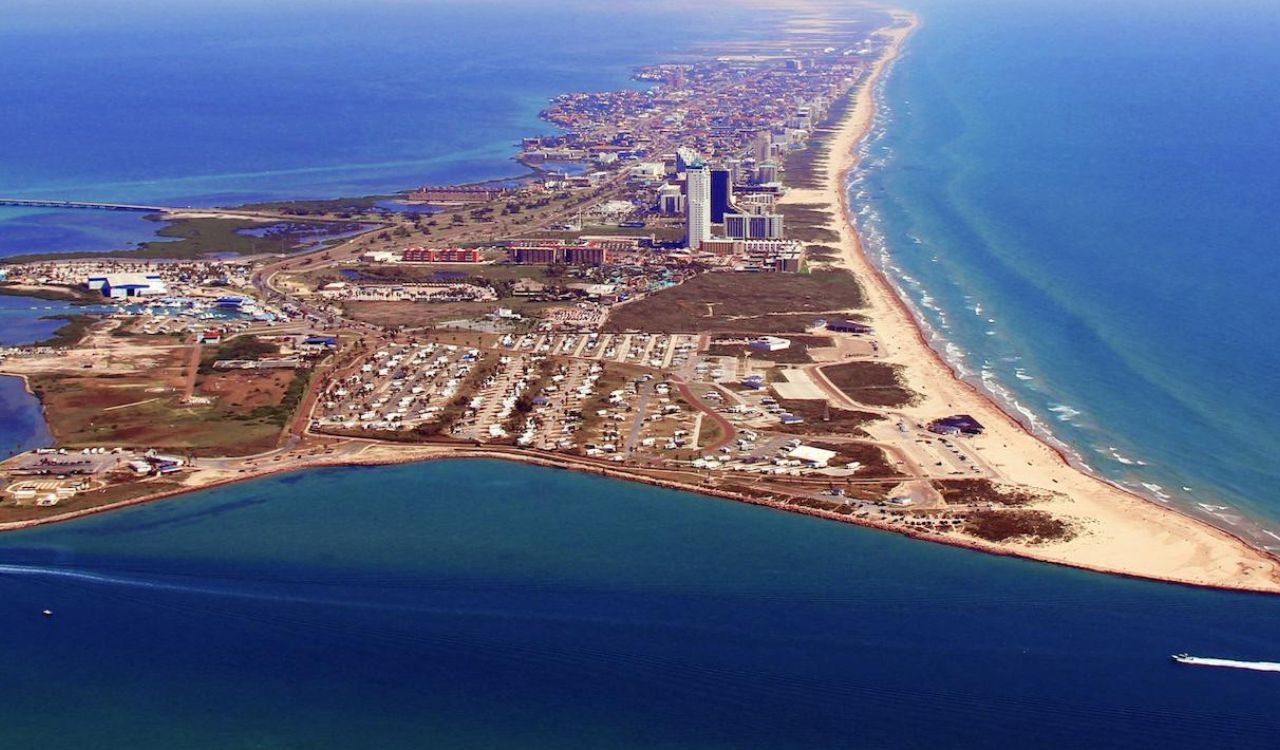 Aerial view of South Padre Island coastline in Texas