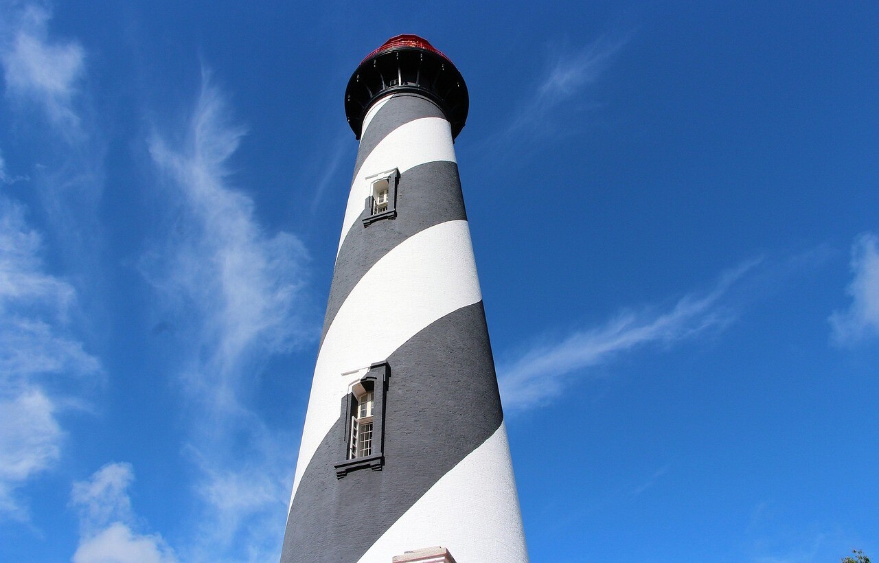Black-and-white striped St. Augustine Lighthouse in St. Augustine, Florida.