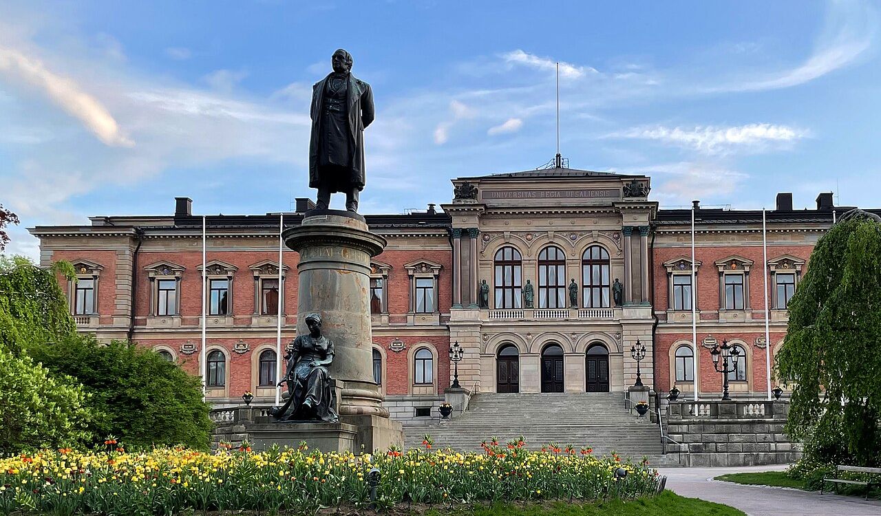 Uppsala University main building with statue of Gustav II Adolf, Sweden