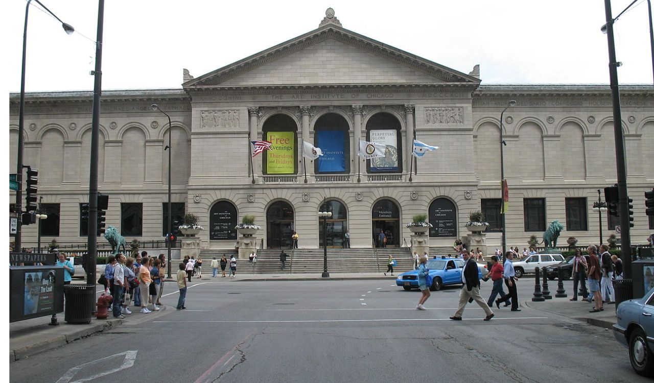 Art Institute of Chicago with banners and people outside