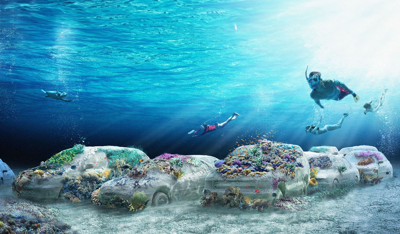 Snorkelers explore The ReefLine underwater sculpture park in Miami