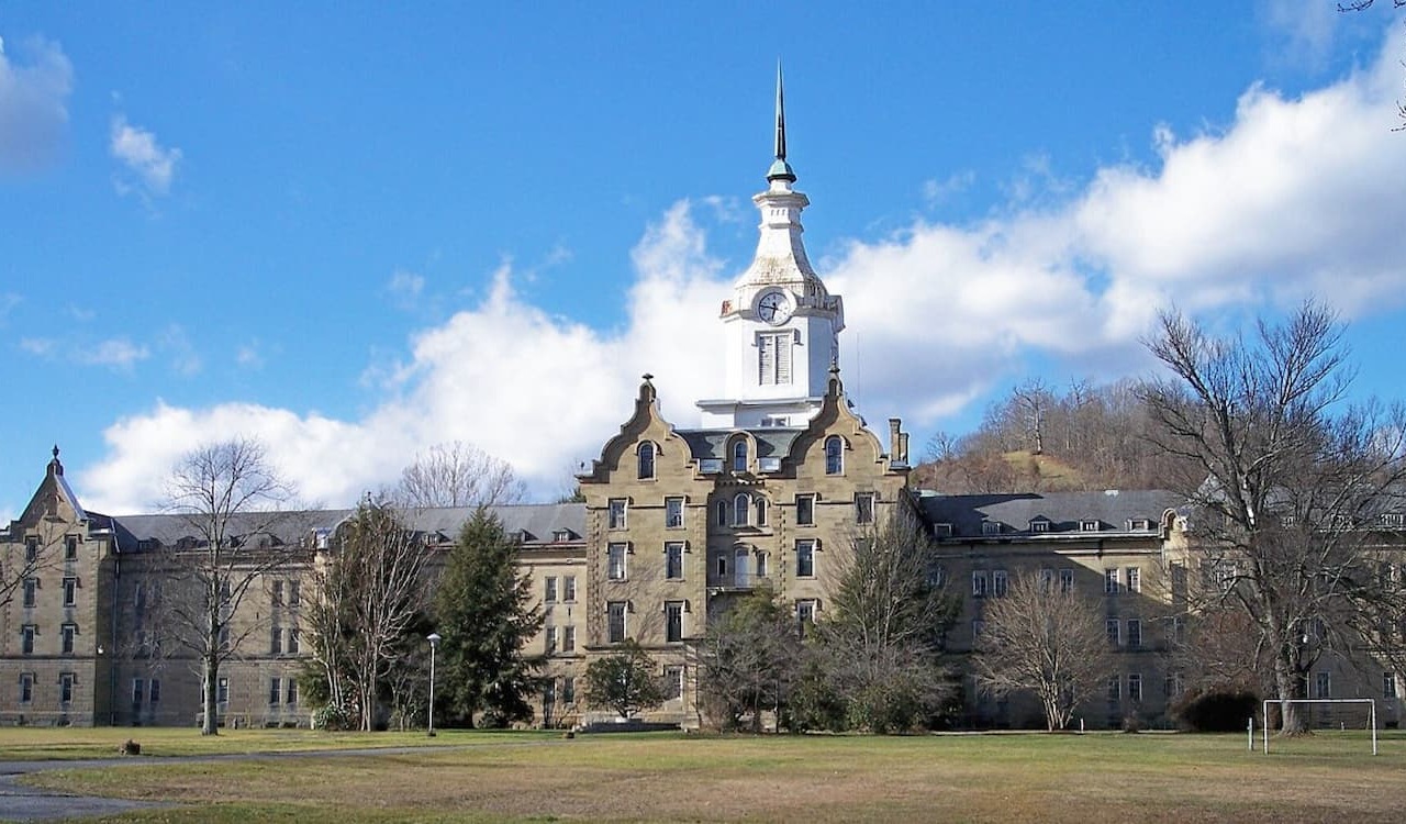 Historic facade of Trans-Allegheny Lunatic Asylum in Weston, West Virginia.