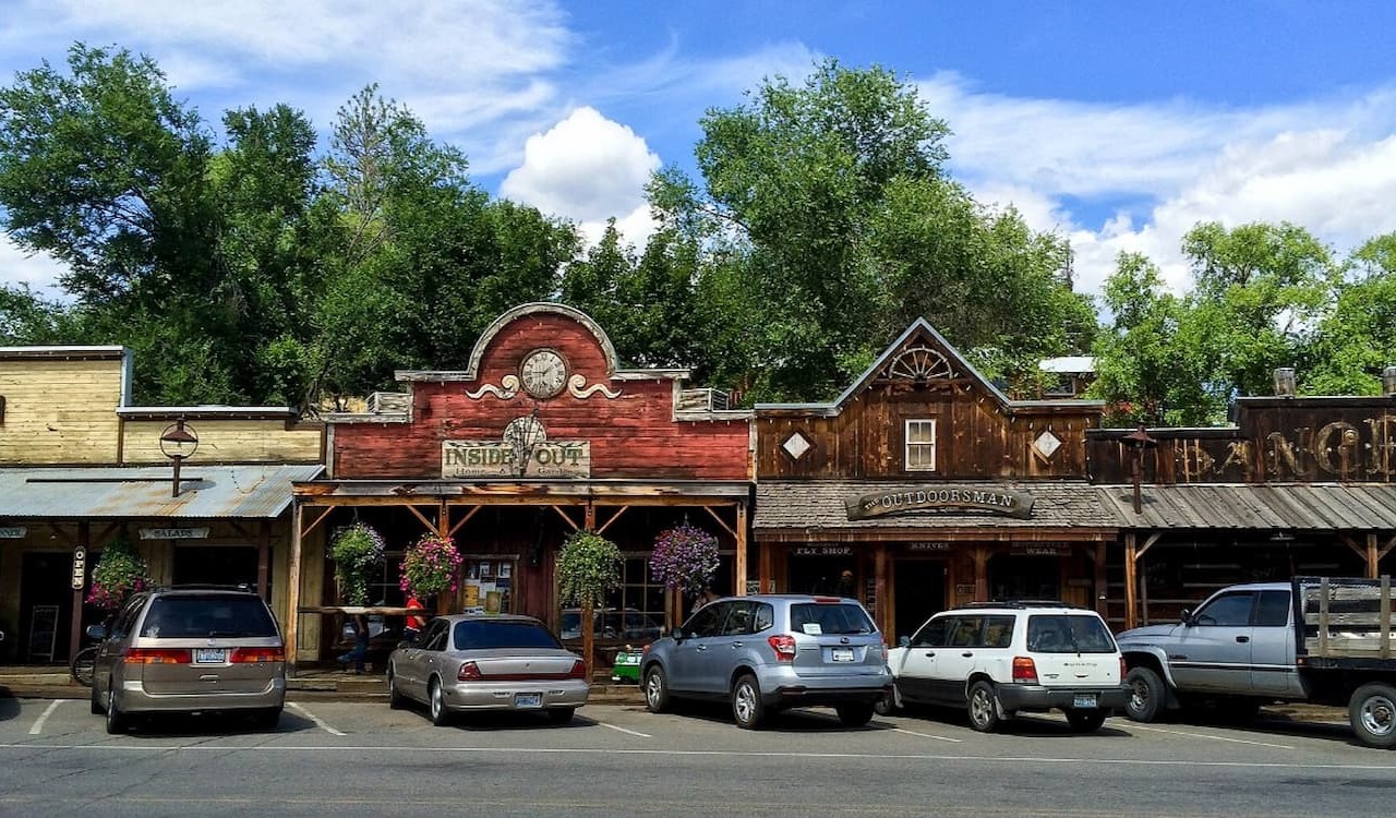 Old Western-style storefronts along main street in Winthrop, Washington.