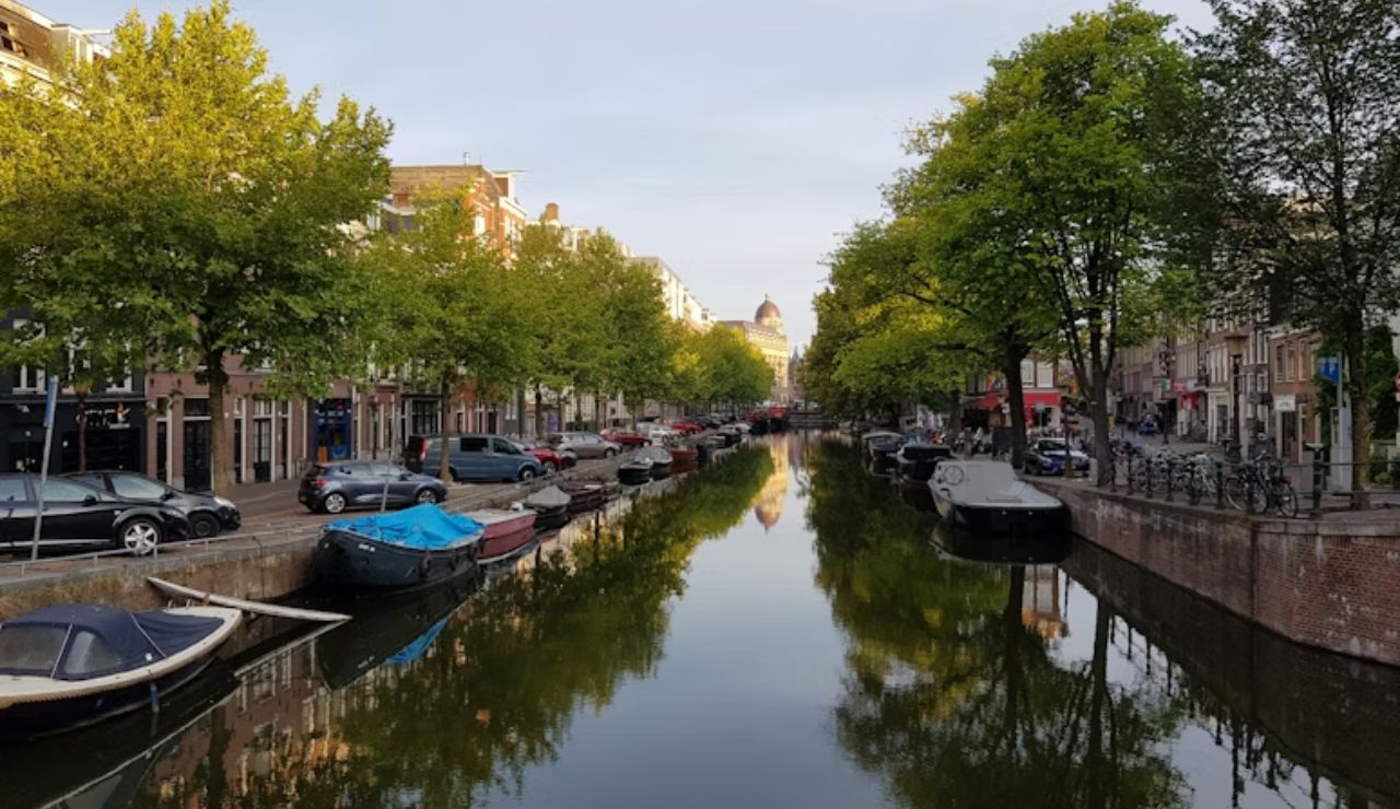 Tranquil canal view in Amsterdam with boats, trees, and parked cars.