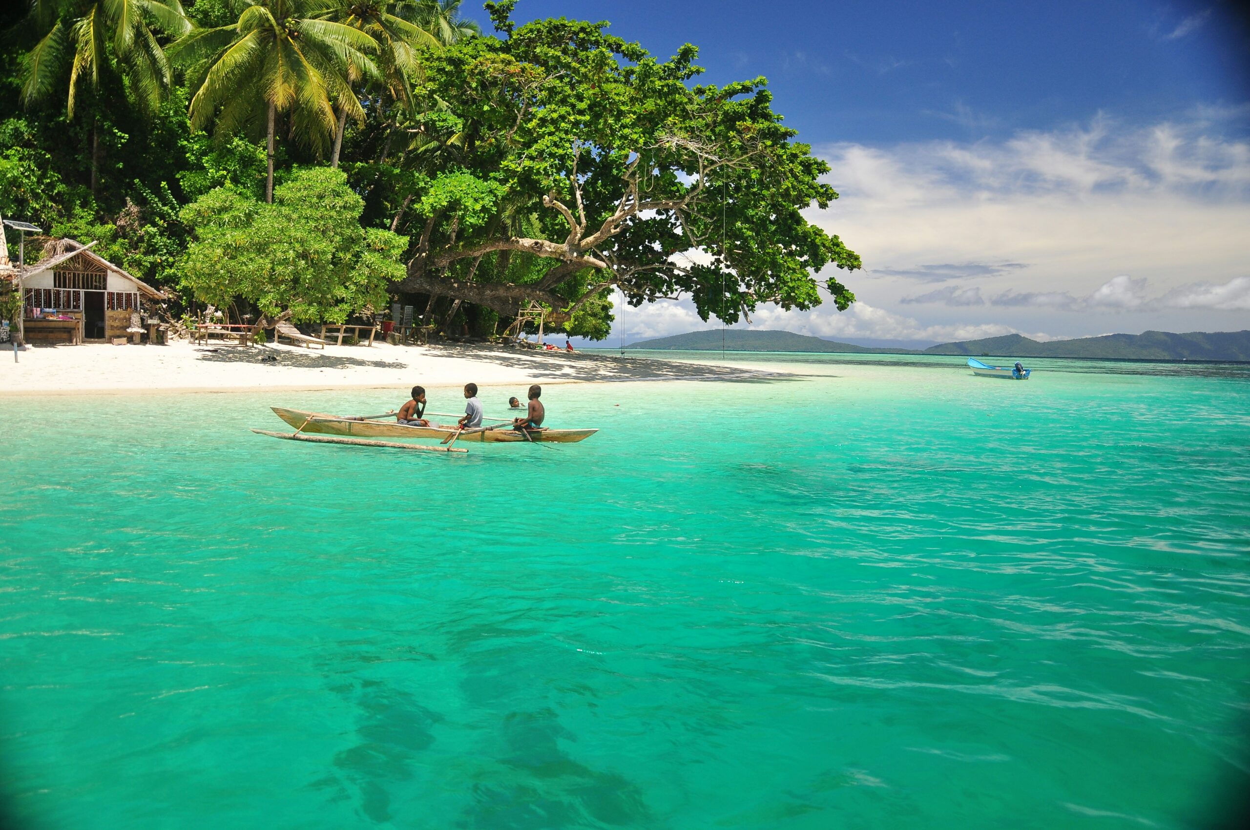Three children paddle a wooden canoe through clear turquoise water by a tropical island with white sand, dense green trees, and a small hut.