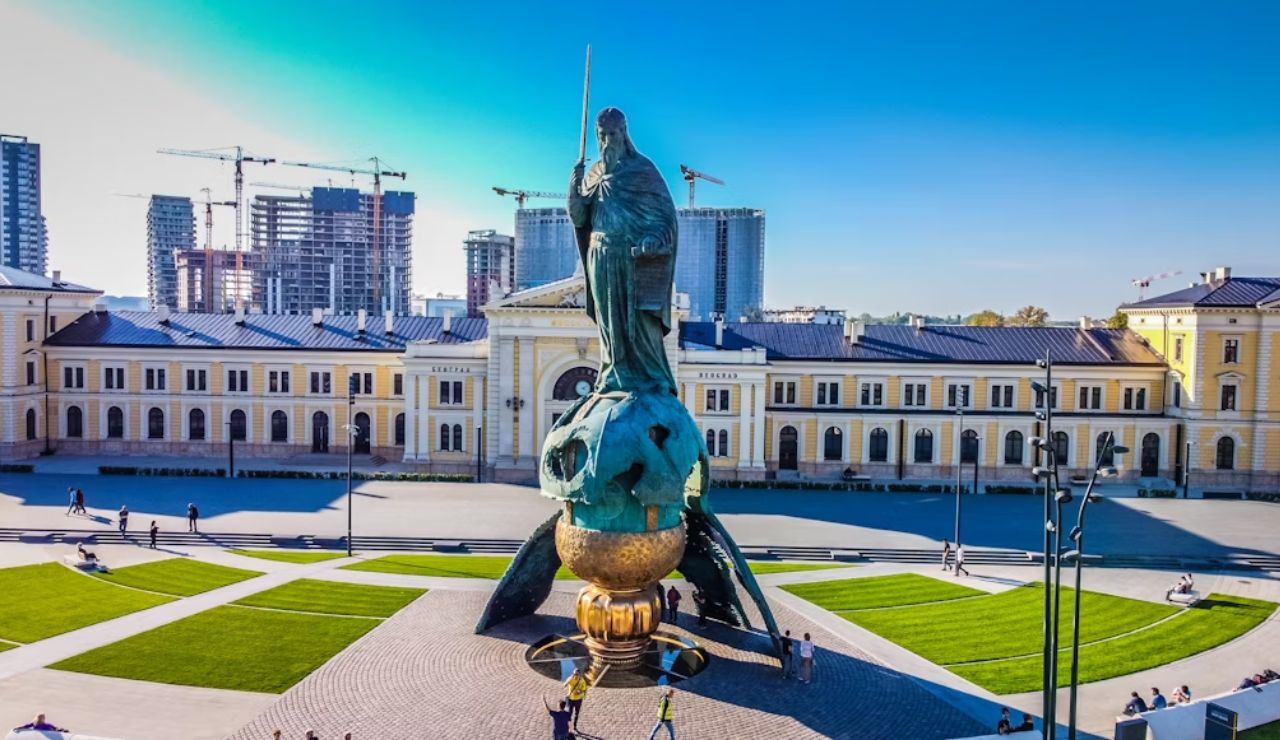 Statue of Saint Sava at Belgrade Waterfront with city skyline, Serbia.
