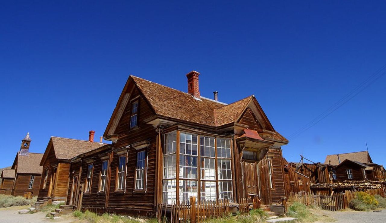 Weathered wooden building in Bodie, a historic ghost town in California.