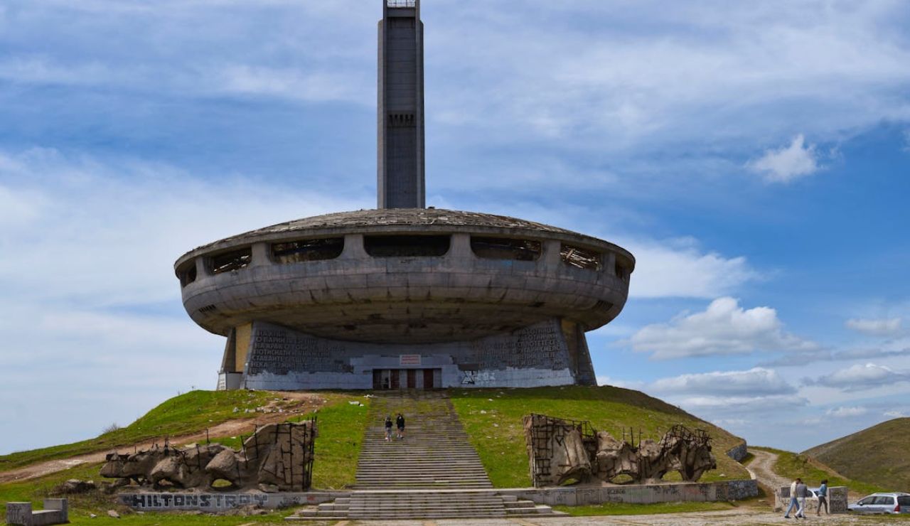 Abandoned Buzludzha Monument in Bulgaria with UFO-like architecture.