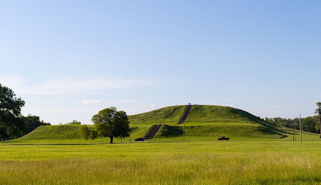 Monks Mound at Cahokia Mounds State Historic Site in Collinsville, Illinois.
