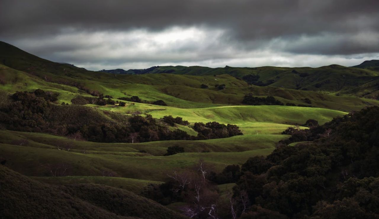 Dramatic landscape of rolling green hills under dark storm clouds, with patches of sunlight highlighting the grassy terrain and scattered trees.