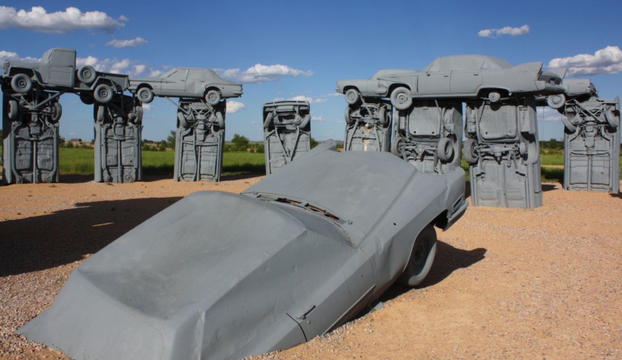 Carhenge in Alliance, Nebraska, a replica of Stonehenge made from vintage gray-painted cars arranged in a circular formation.