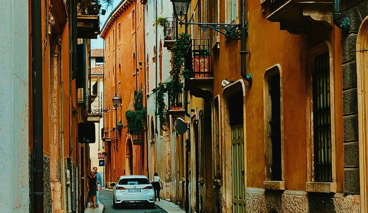 Narrow cobbled alley with hanging plants and balconies