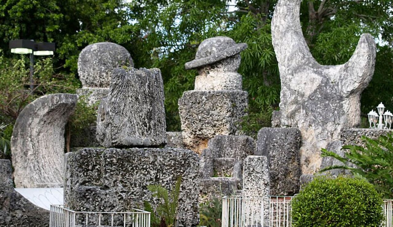 Sculpted limestone structures at Coral Castle in Homestead, Florida.