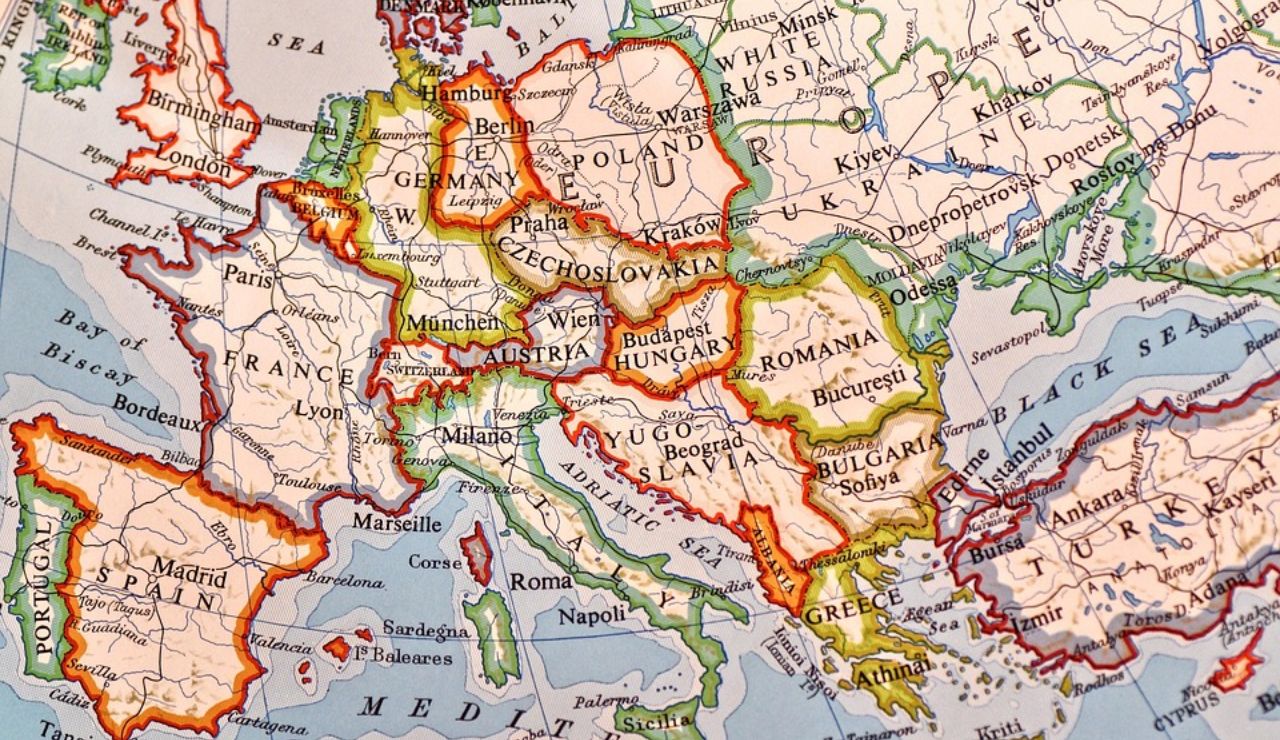Vintage political map of Europe showing historical country borders and major cities.