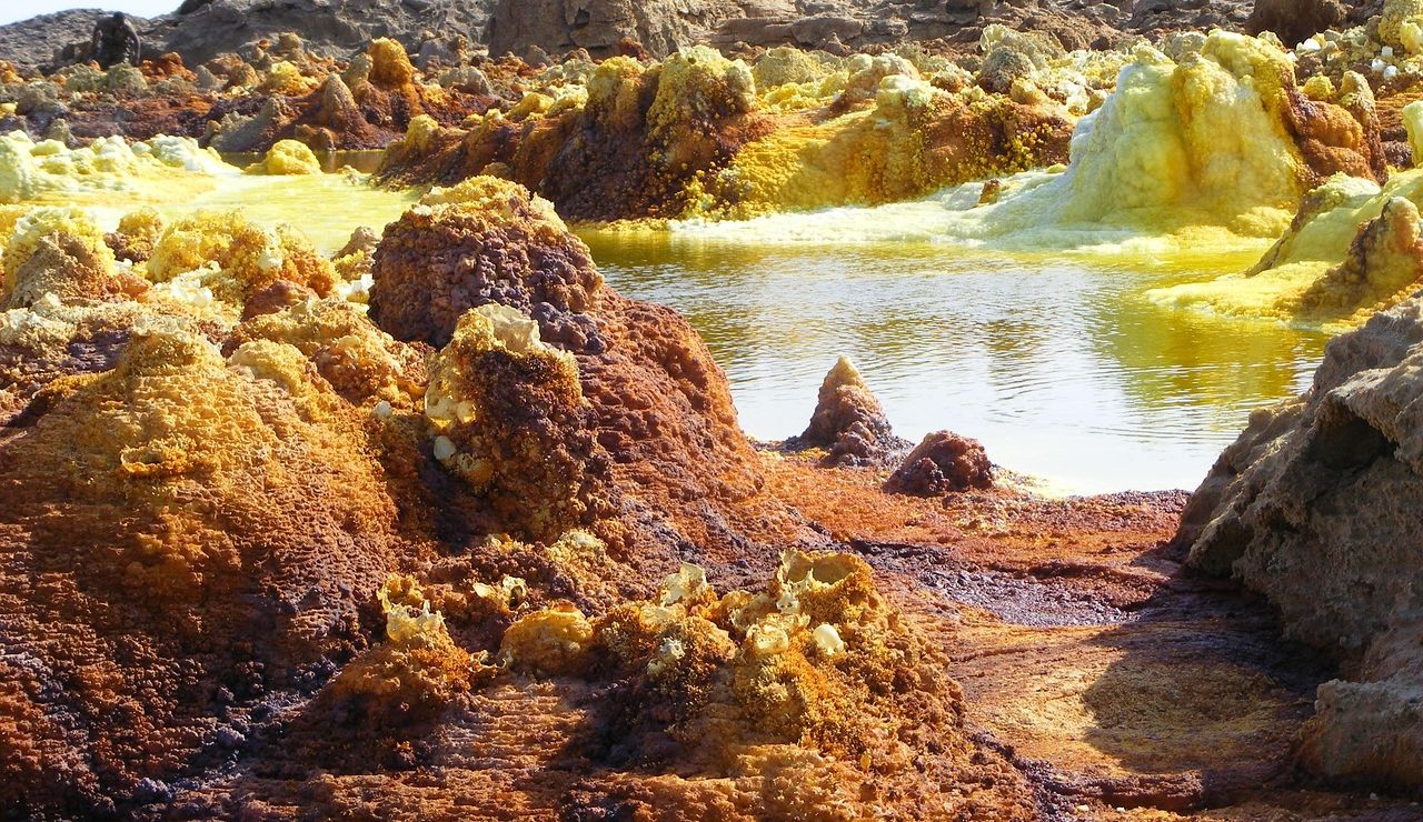 Colorful, mineral-rich hot springs in the Danakil Depression, Ethiopia.