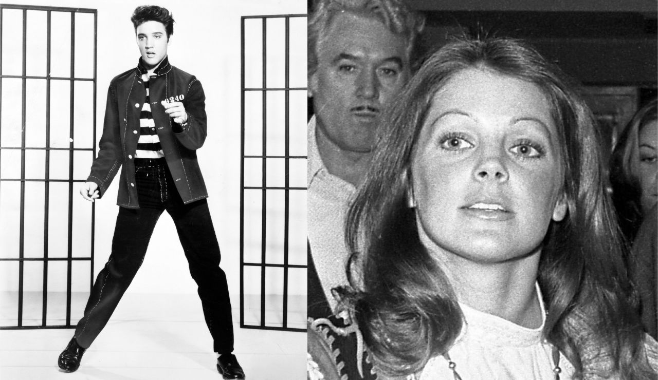 Elvis and Priscilla Presley exchanging playful glances, a mix of tenderness and youthful charm.