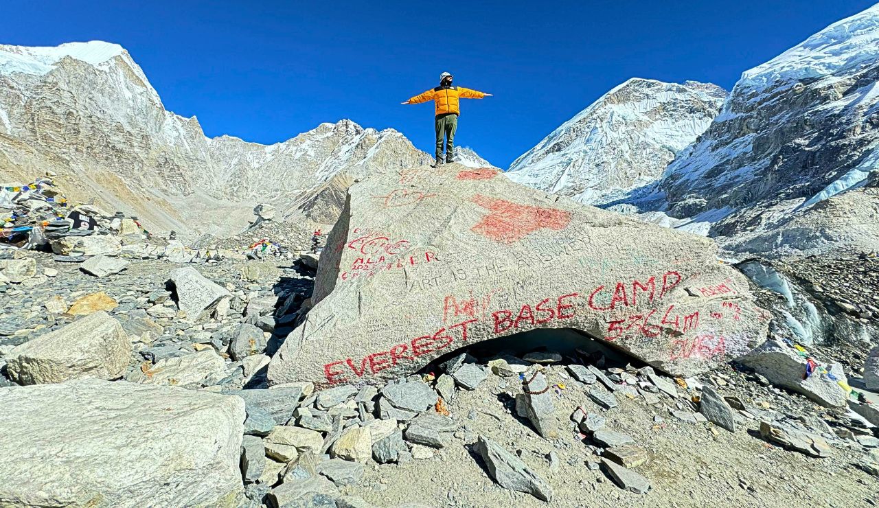 Rock-covered Himalayan mountains under a clear sky.