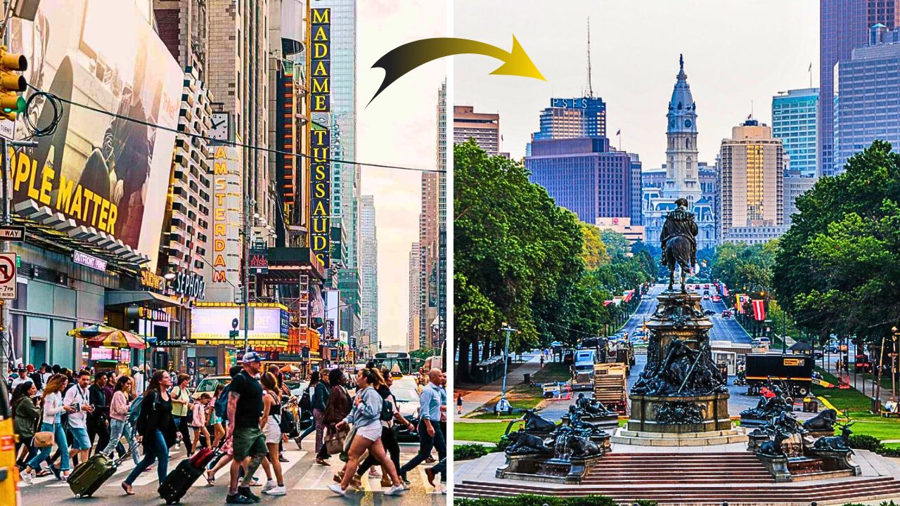 A visual contrast of a crowded luxury destination and a calm budget-friendly location, showing the choice between splurge and smart travel.