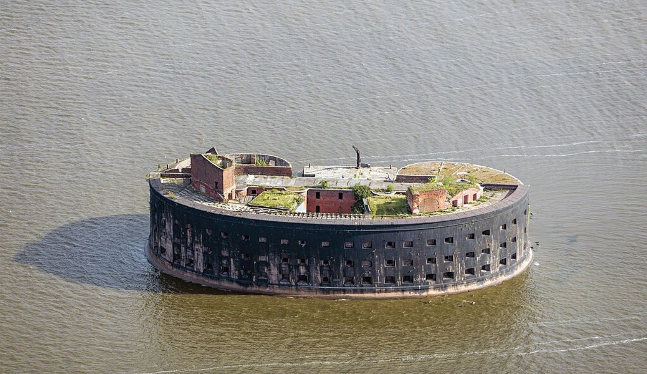 Aerial view of abandoned Fort Alexander (Plague Fort) in the Gulf of Finland, Russia.