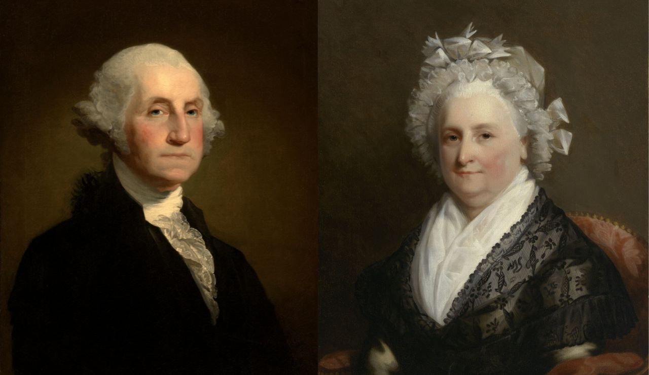 George and Martha Washington with composed, steady expressions showing mutual respect and calm intimacy.