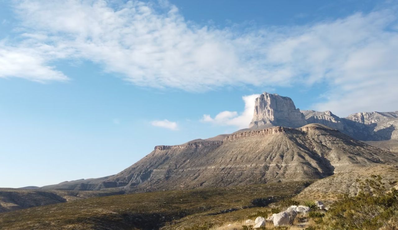 El Capitan peak rising above desert terrain in Guadalupe Mountains National Park, Texas.