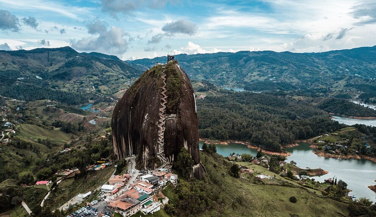 El Peñón de Guatapé rock with stairs in Guatapé, Colombia.