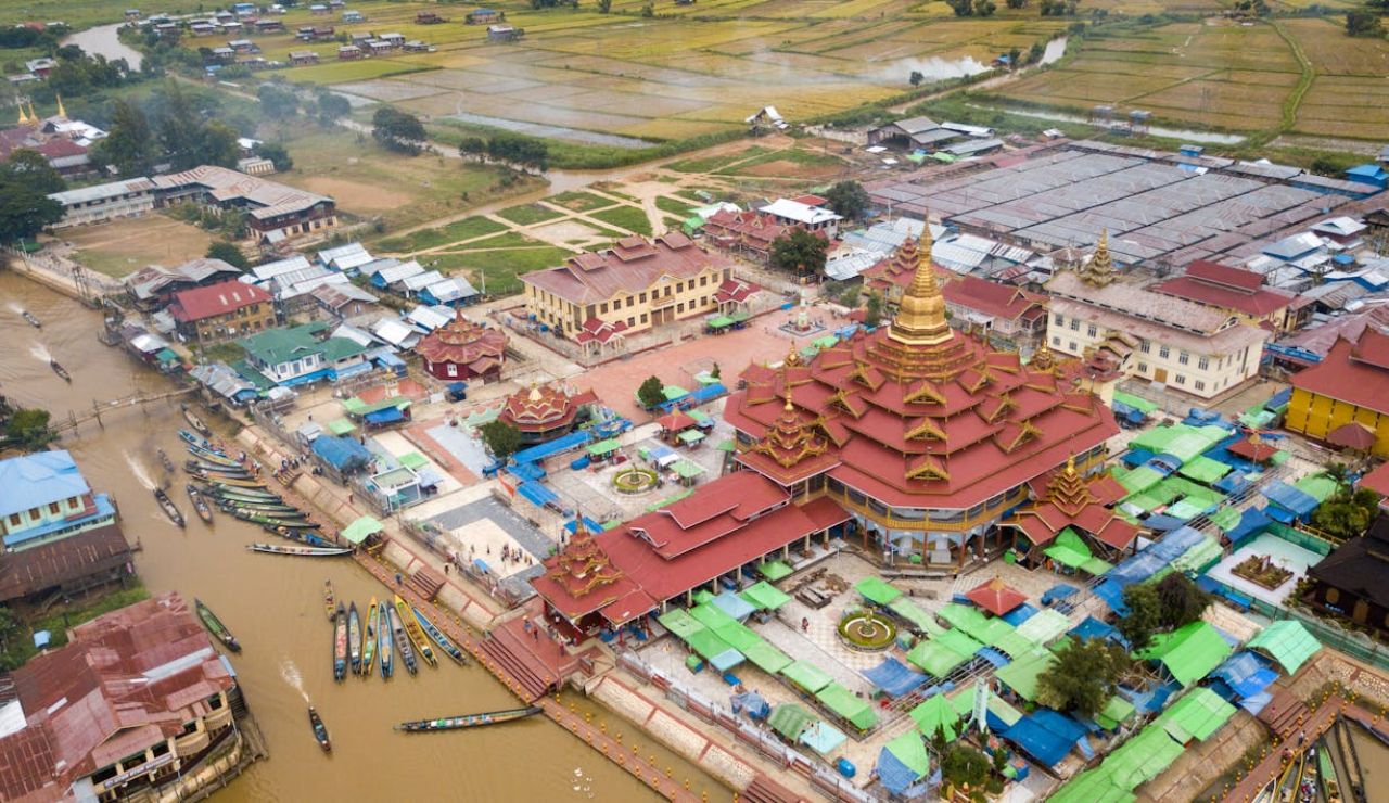 Aerial view of Phaung Daw Oo Pagoda near Inle Lake, Myanmar.