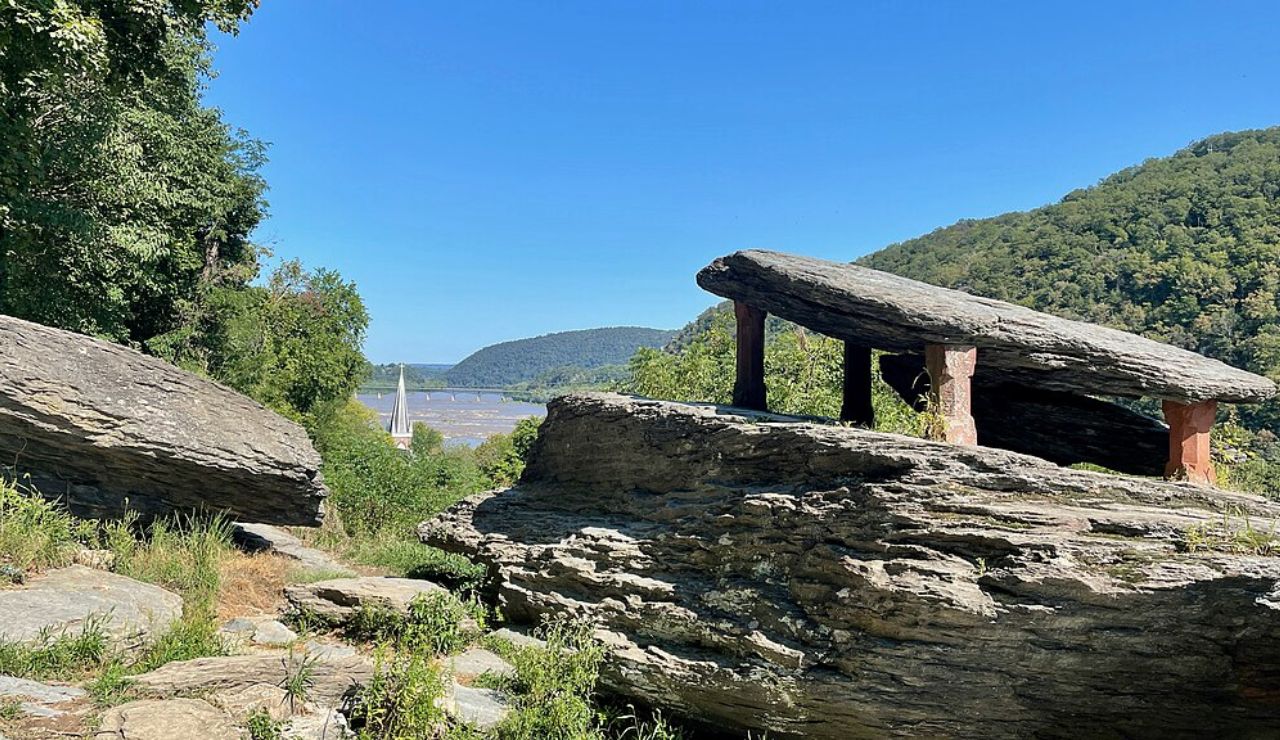 Balanced rock slab on metal supports overlooking the Susquehanna River near Wrightsville, Pennsylvania.