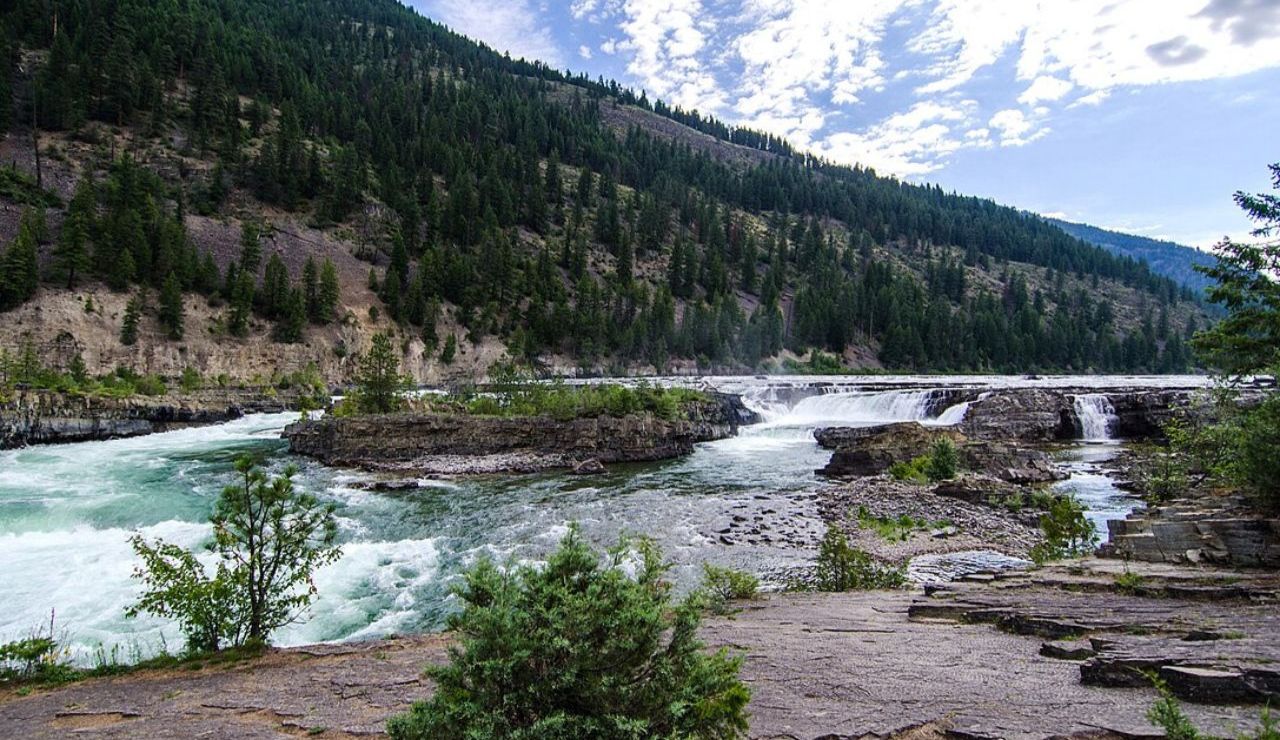 A wide river rushes over layered rock formations, creating a series of low waterfalls surrounded by pine-covered mountains.