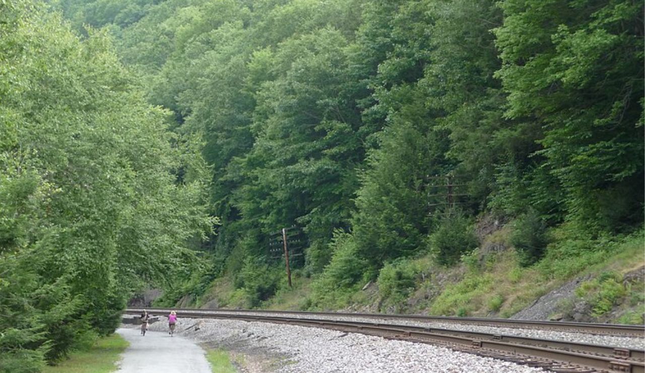 Curving railroad track beside a wooded biking trail on the Lehigh Gorge Scenic Railway in Jim Thorpe, Pennsylvania.
