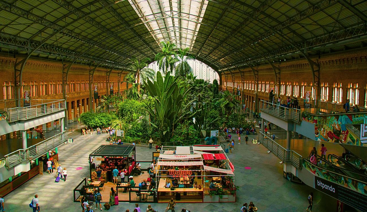 The interior of Madrid Atocha station, showing travelers walking under palm trees in the waiting area.