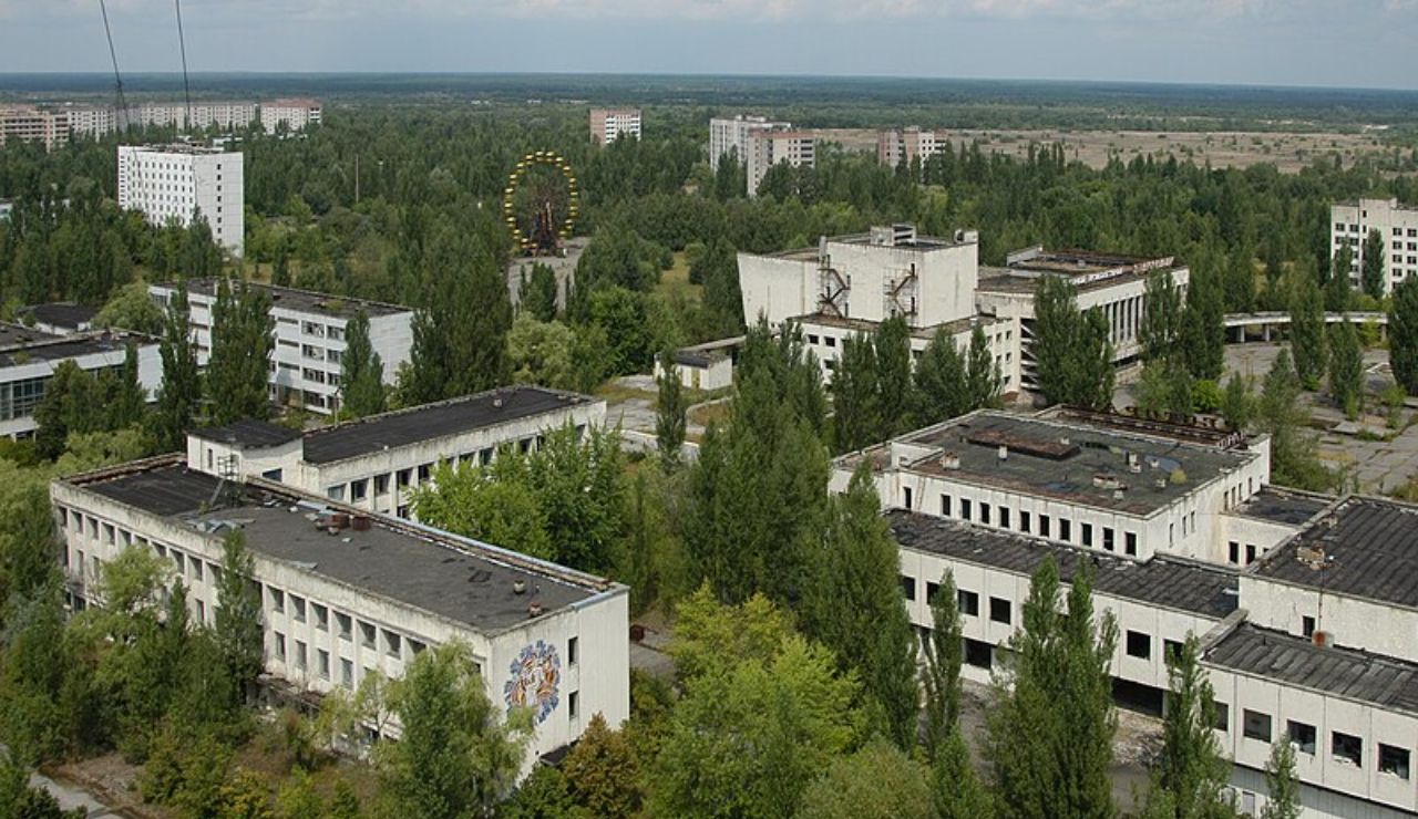 Aerial view of abandoned buildings and Ferris wheel in Pripyat, Ukraine