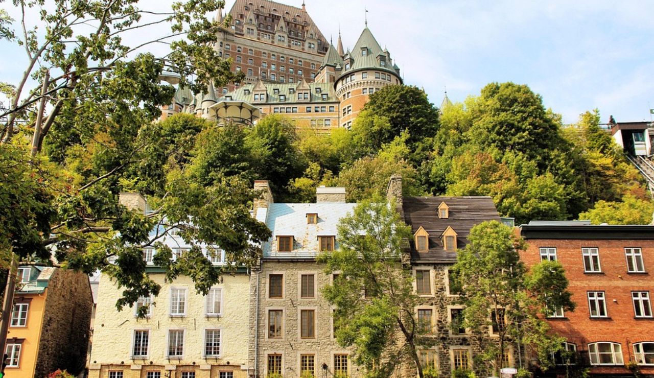 Historic buildings and Château Frontenac in Old Quebec City, Canada.
