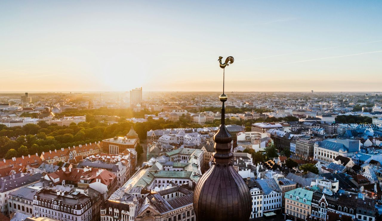 Aerial view of Riga Old Town with St. Peter’s Church spire, Riga, Latvia.