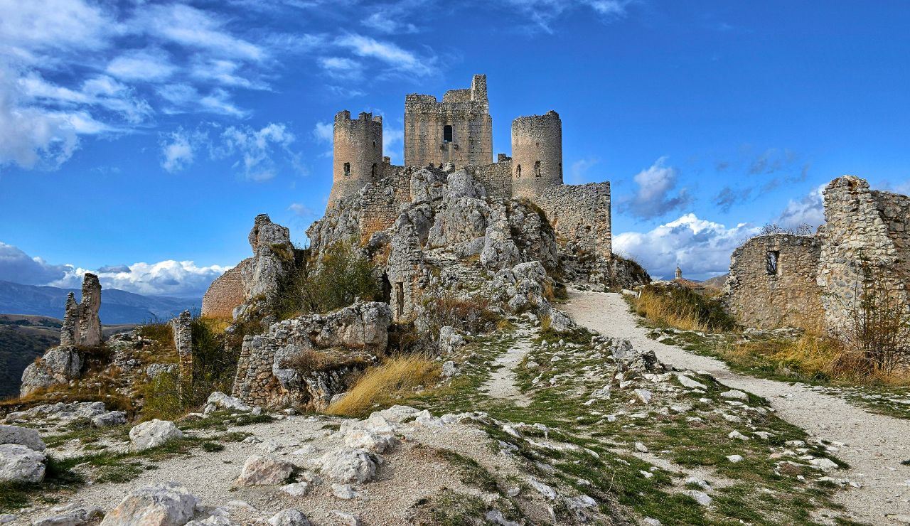 Stone fortress ruins on a mountain overlooking the Abruzzo region