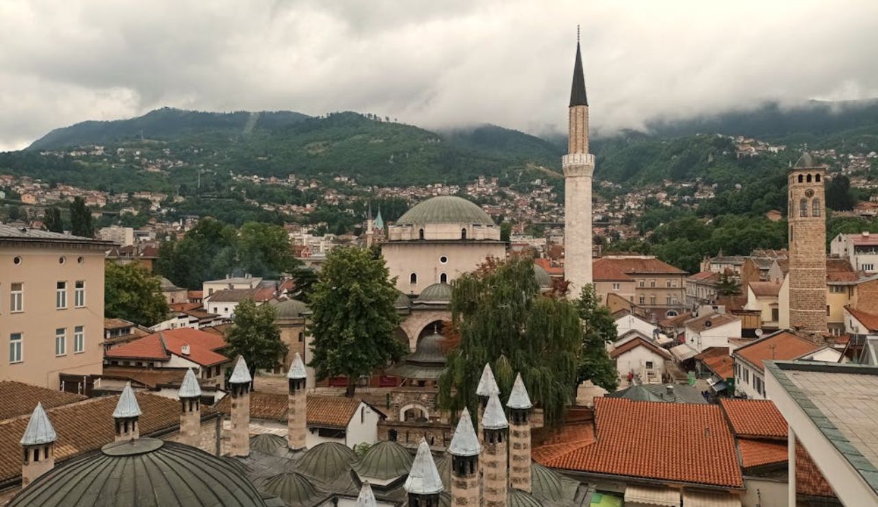 Scenic view of Sarajevo's historic center with Gazi Husrev-beg Mosque, Bosnia and Herzegovina.
