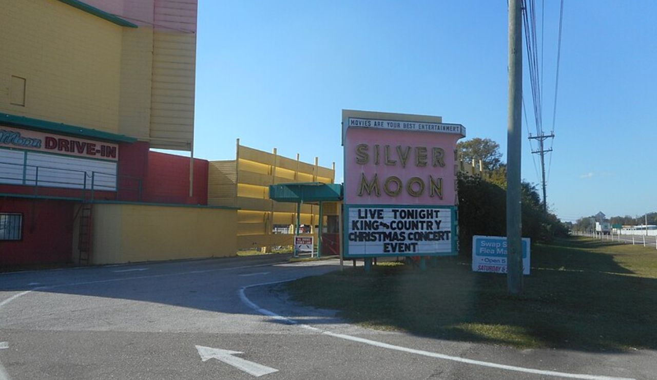 Silver Moon Drive-In Theatre entrance sign promoting a live Christmas concert event.