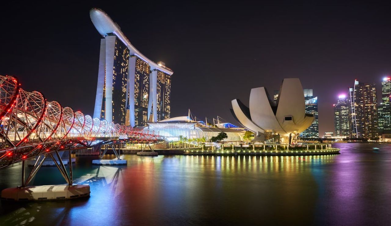 Marina Bay Sands and Helix Bridge illuminated at night in Singapore's skyline.