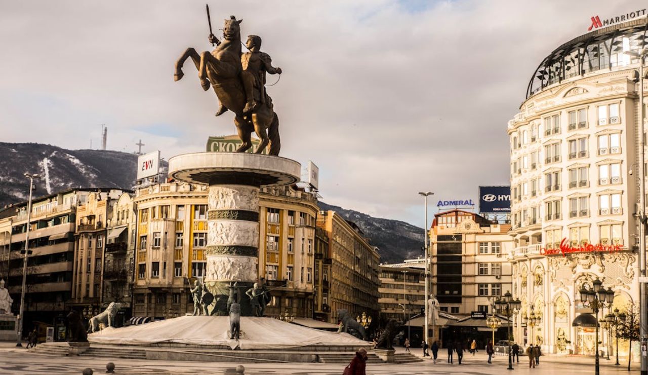 Statue of Alexander the Great at Macedonia Square in Skopje, North Macedonia.