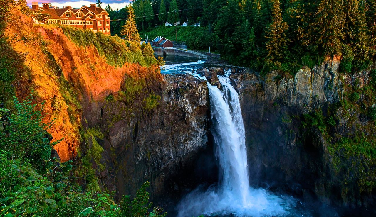 Snoqualmie Falls cascading into a forested gorge