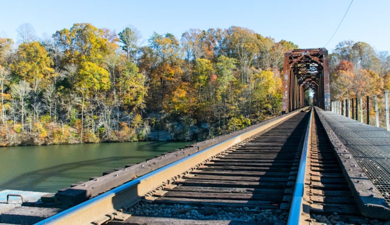 Railroad bridge over a river surrounded by fall trees on the Tennessee Valley Railroad in Chattanooga, Tennessee.