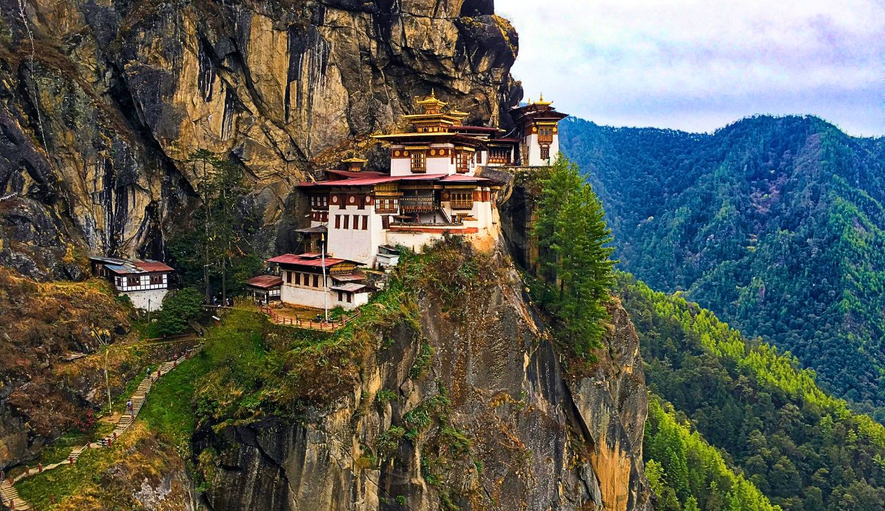 Forested tiger cliffs with rugged mountain terrain in the distance.