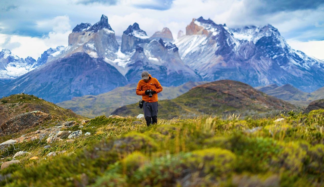 Granite towers rising from Patagonian mountain terrain.