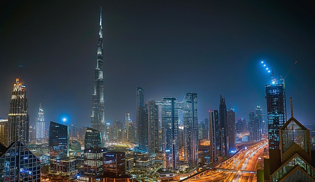 Skyscrapers in Dubai at dusk.