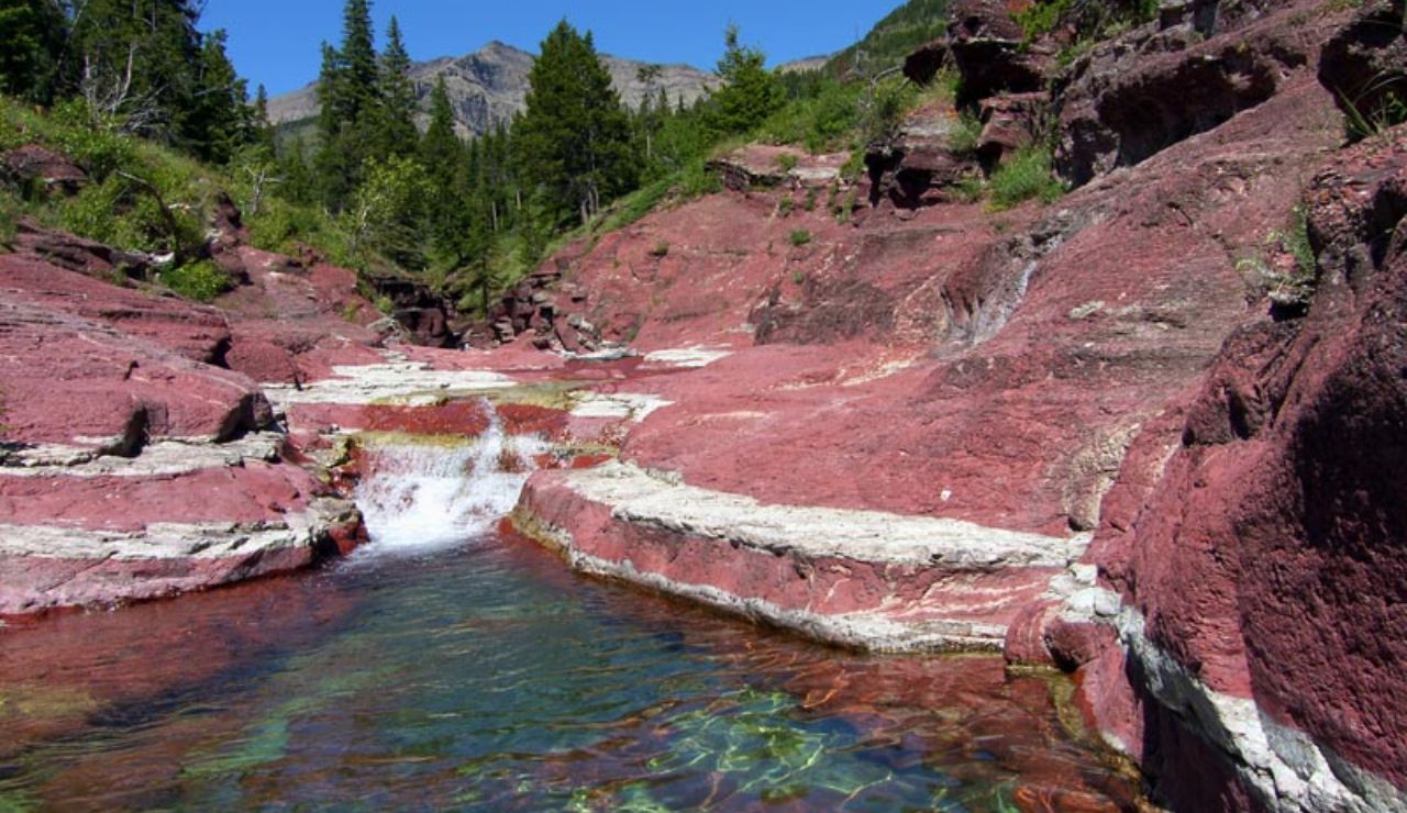 Clear water flowing through striking red and white layered rocks at Red Rock Canyon in Waterton Lakes National Park, Alberta, Canada.